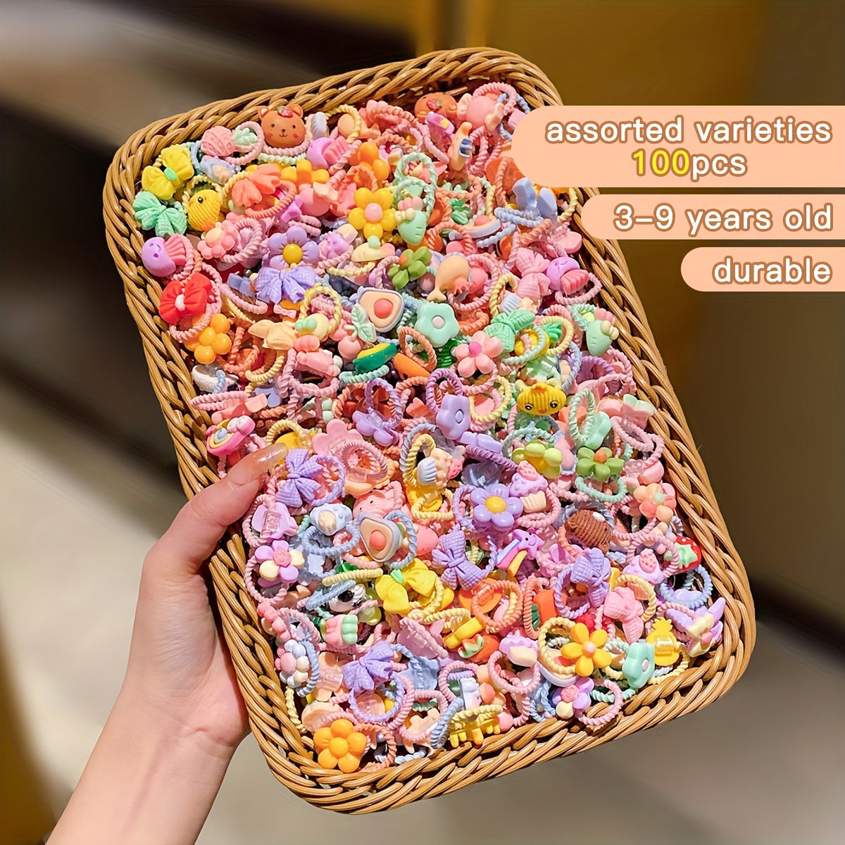 Anillos de pelo con hilos de dibujos animados coloridos para niños de 3 a 14 años, accesorios de resina, paquete de 100