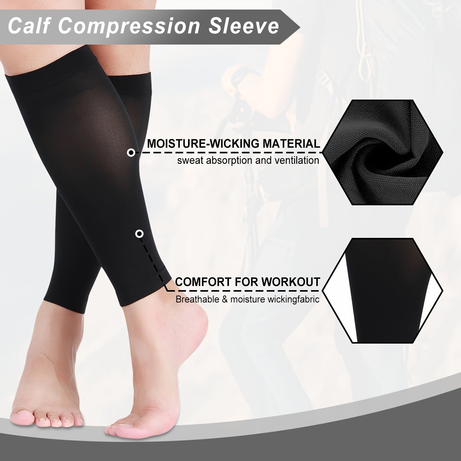 Unisex Nylon Spandex Leg Compression Sleeves 20-30mmHg Breathable Non-Slip