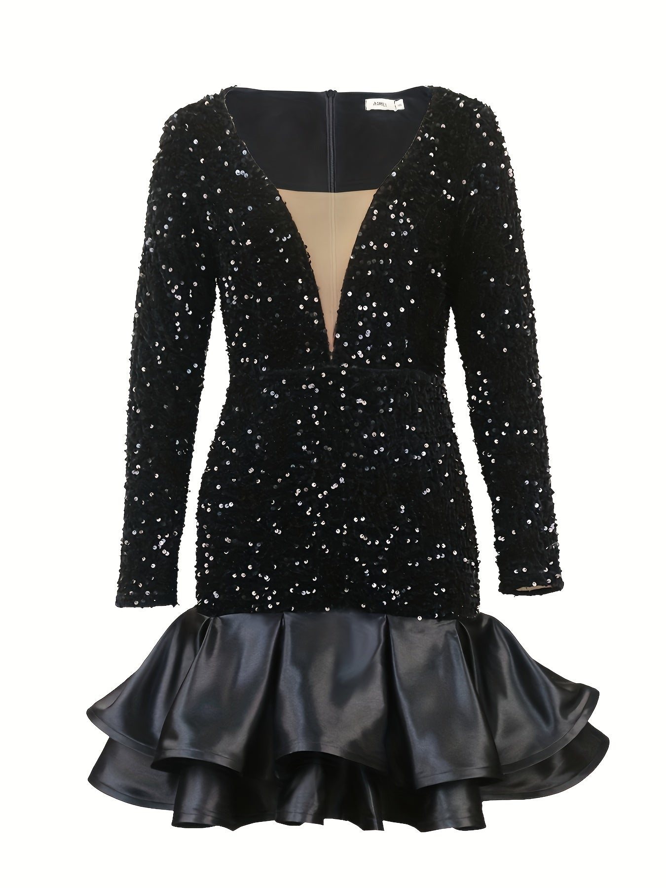 Women’s Glitter Sequined Bodycon Dress V-Neck Long Sleeve Party Midi