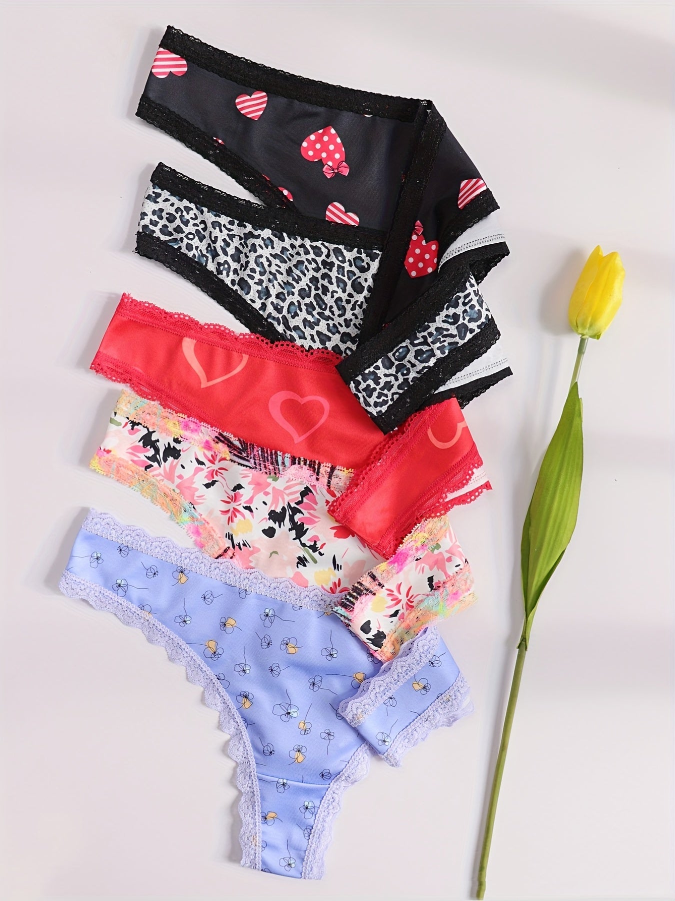 Women's Floral Lace Thongs with Heart & Flower Print Comfortable Lingerie