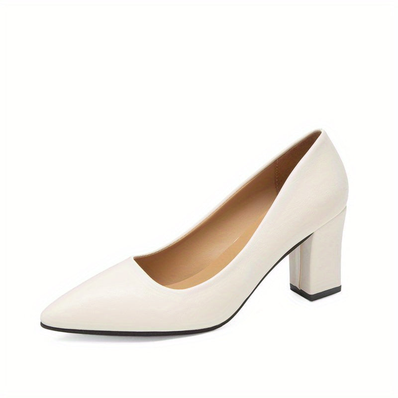 Women's Pointed Toe Court Pumps Solid Color Slip-On Block Heels for Office