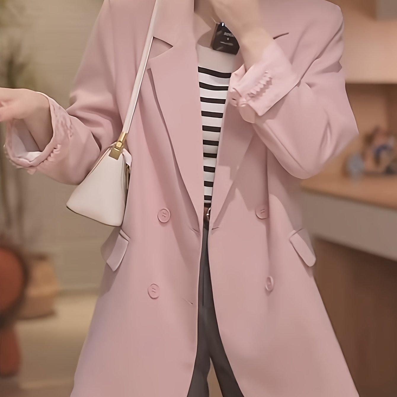 Women Plus Size Light Pink Double-Breasted Blazer Long Sleeve Office Casual