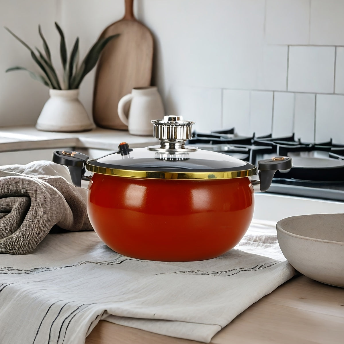 Enamel Pressure Cooker 236oz Black Red Golden Lid Automatic Timer Sealed Stovetop