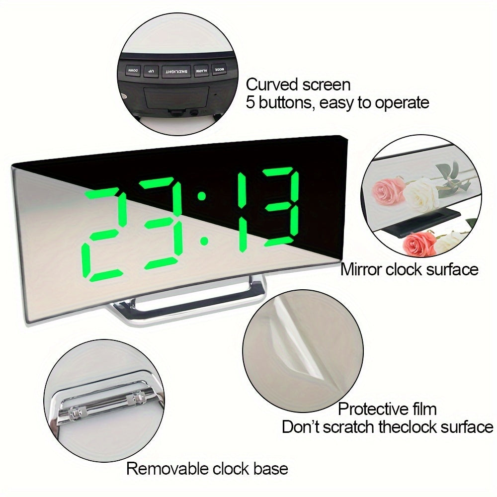 LED Mirror with Clock and Alarm Dimmable USB Battery Powered for Home Decor