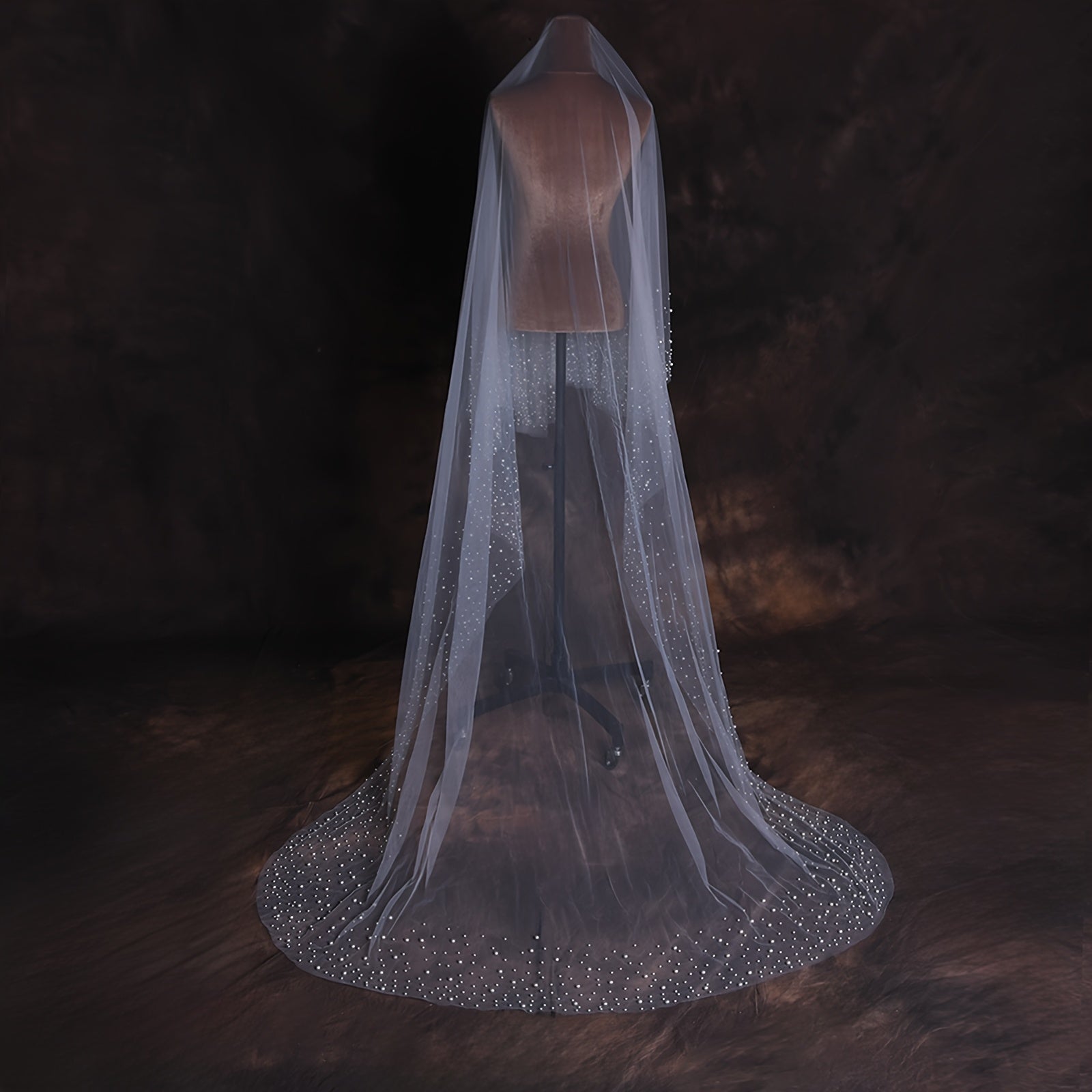 Elegant Bridal Veil with Pearls Nylon Cathedral Length Wedding Accessory