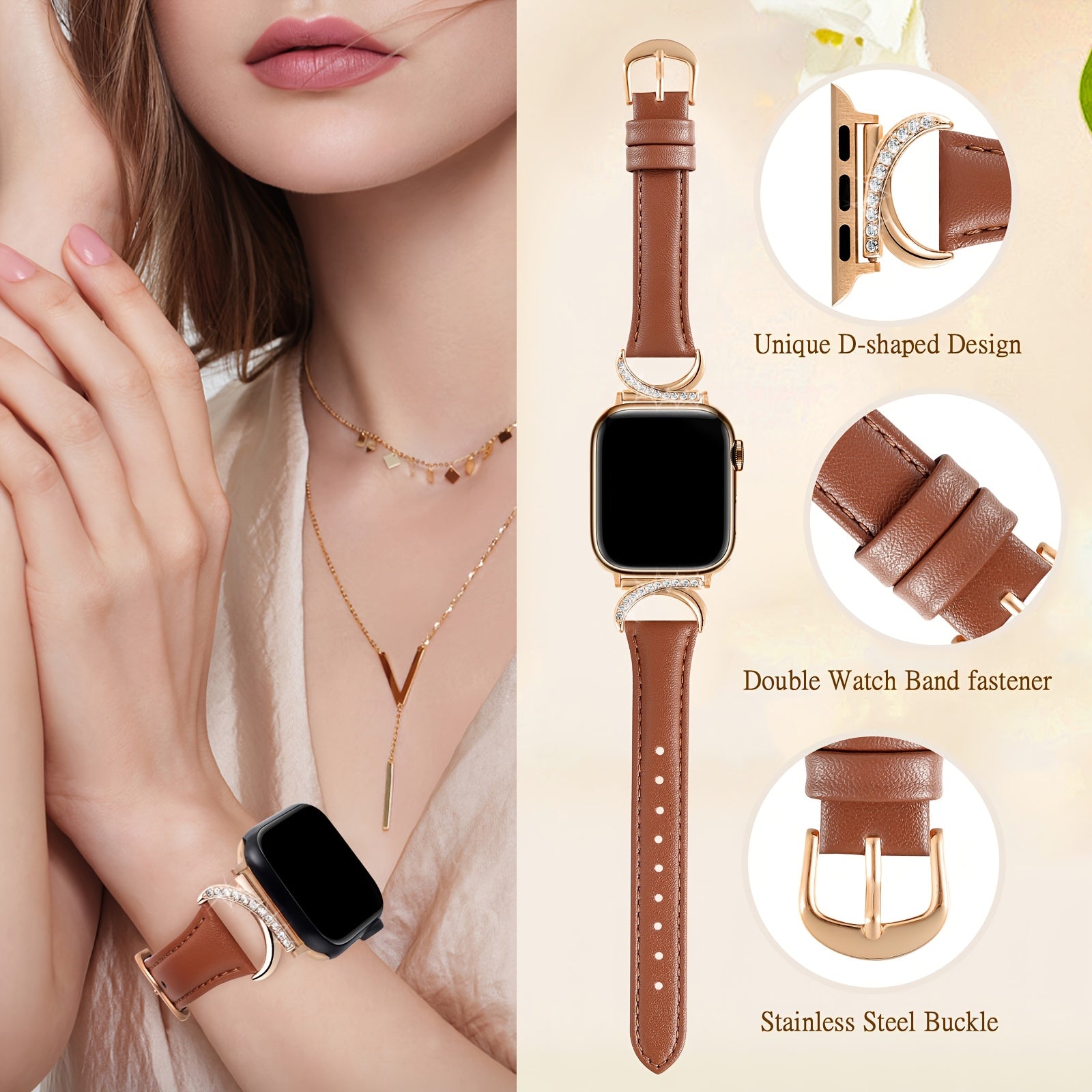 Delicate Leather Watch Strap with C-Shaped Golden Buckle for Apple Watch Series 1-10