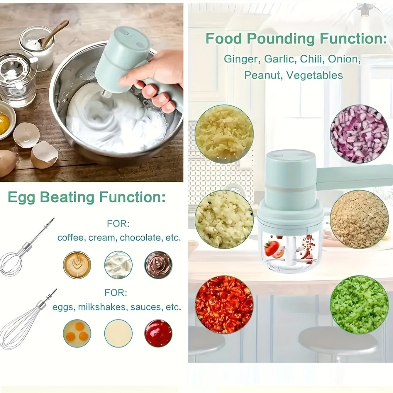 Batidora de mano recargable por USB con 3 velocidades y accesorio batidor para procesamiento de alimentos