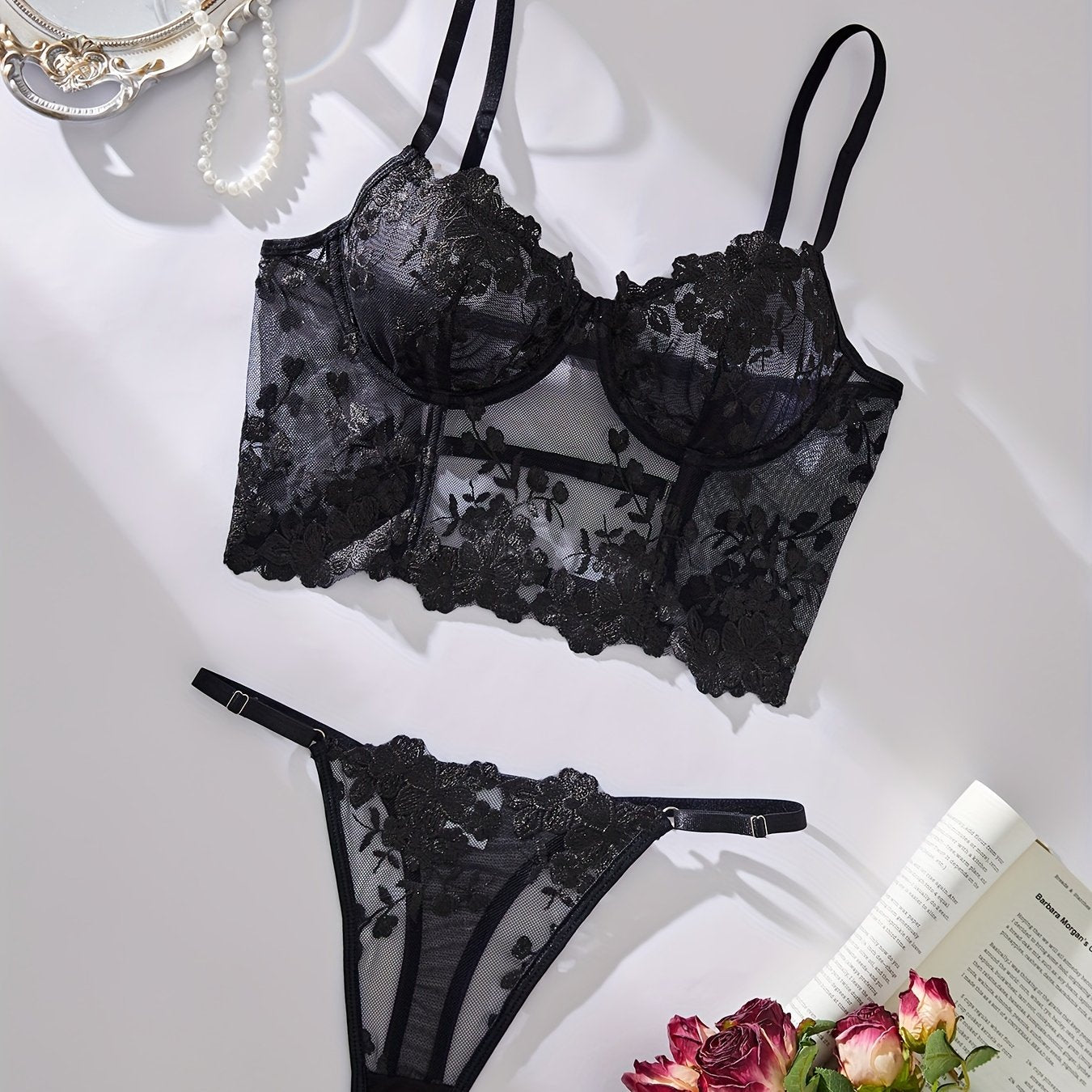 Women's Floral Pattern Lingerie Set with Bustier Top and Thong Panties