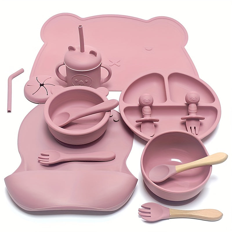 Children's Silicone Feeding Set 9pcs Divided Plates Sucker Bowl Bib Drinking Cup