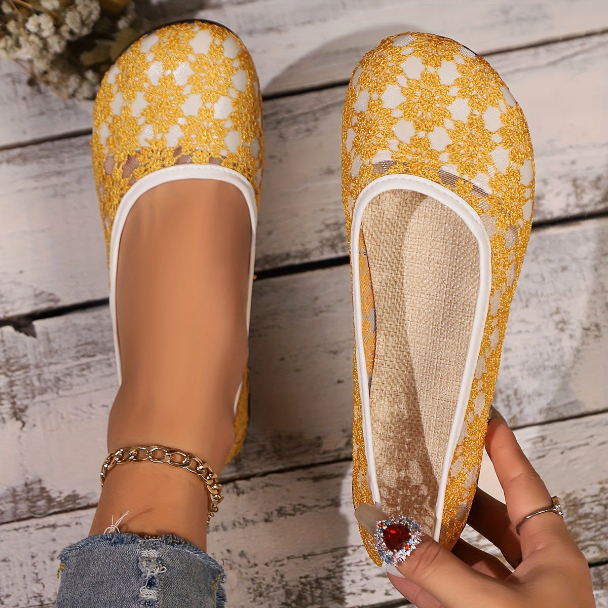 Women's Breathable Mesh Lace Ballet Flats Casual Slip-On Shoes