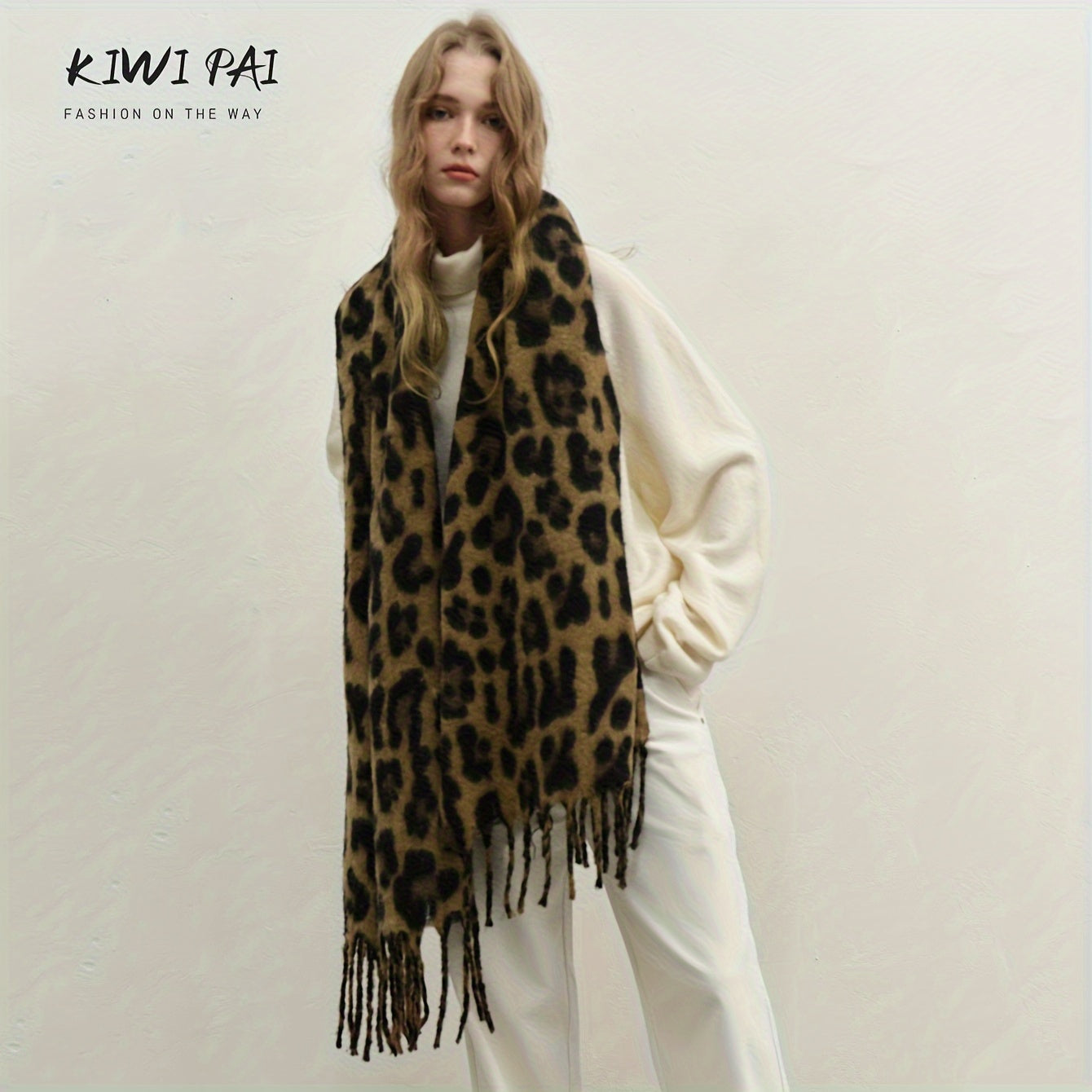 Leopard Print Scarf Cozy Thick Versatile Autumn Winter Polyester Khaki Brown Camel