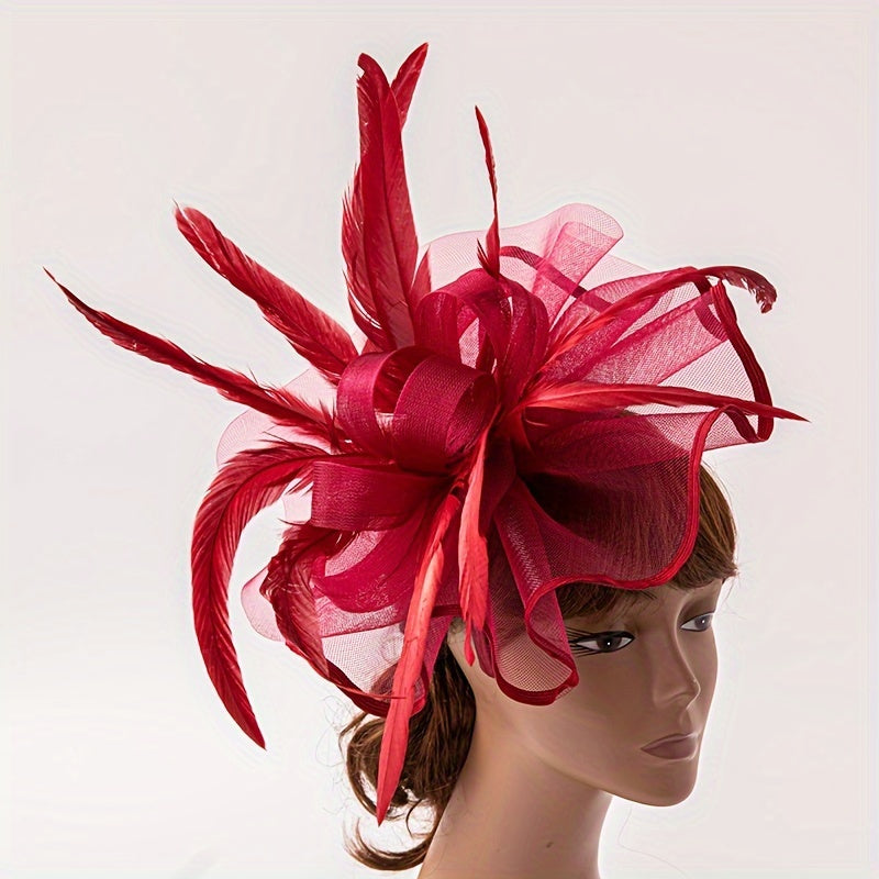 Red Feather Mesh Fascinator Headband for Weddings and Tea Parties
