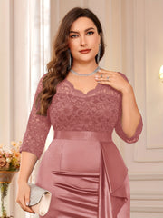 Women Navy Blue Lace-Trim V-Neck Mermaid Gown Ruffle Side Slit