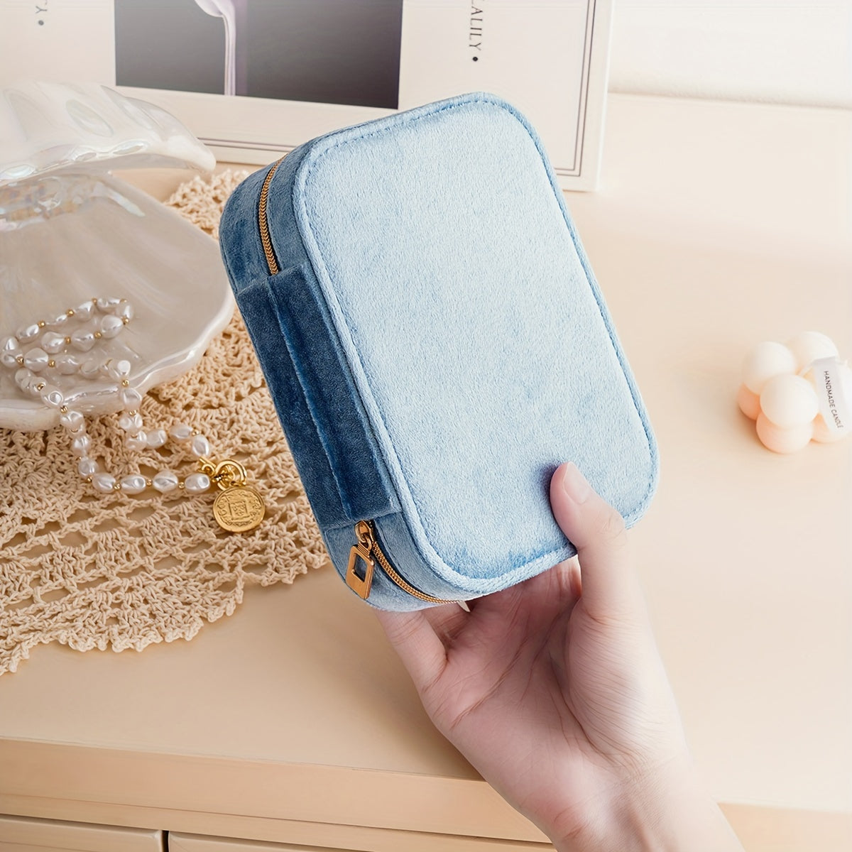 Zipper bilan uch qavatli velur zargarlik buyumlarini saqlash qutisi, uzuklar, sirg‘alar, taqinchoqlar, taqinchoqlar va aksessuarlar uchun