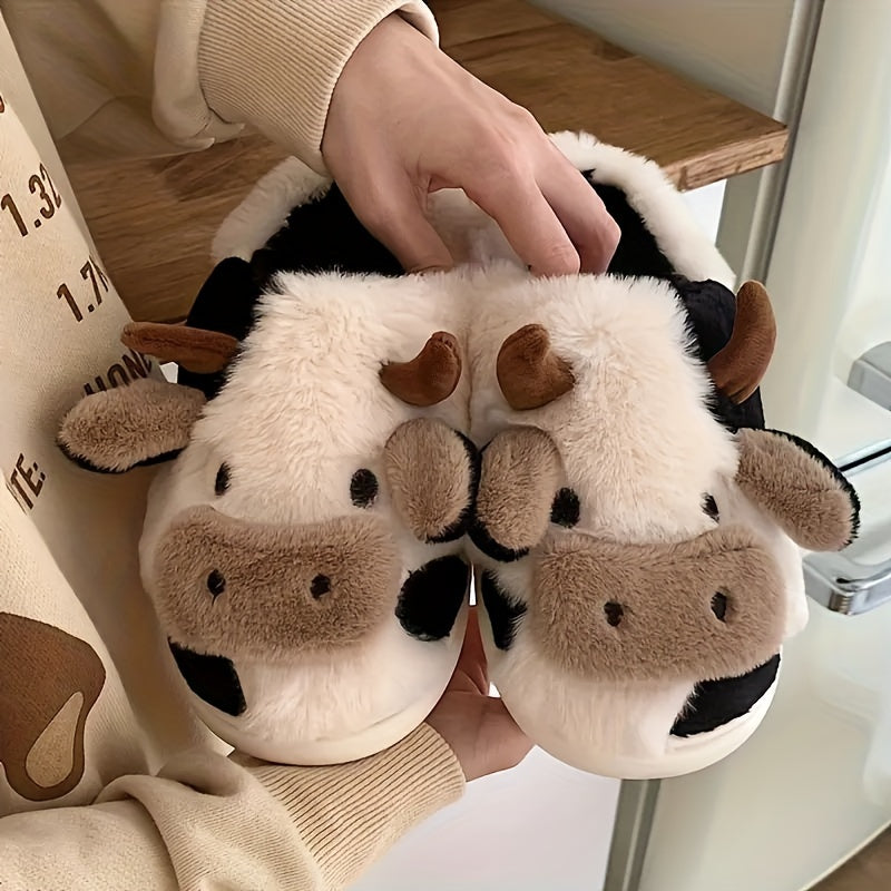 Unisex Plush Cow Pattern Slippers Comfortable Indoor Outdoor Warm