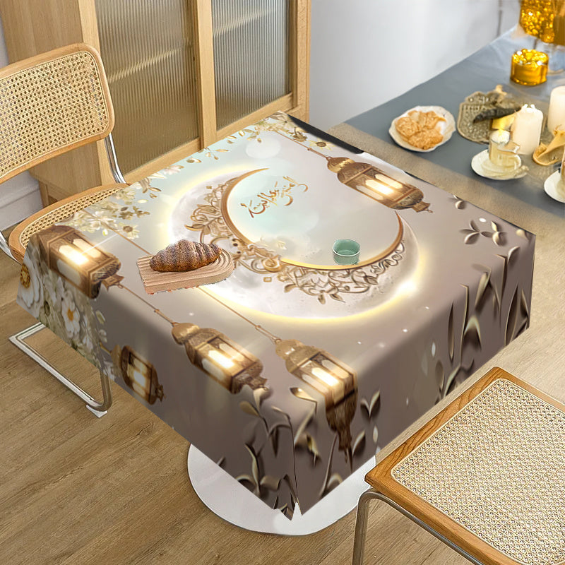 Rang-barang chiroq dizayni bilan bezatilgan bayram Ramazon Muborak stol qoplamasi, polyesterdan tayyorlangan, kvadrat shaklda, ovqatlanish, pikniklar va uy oshxona bezatish uchun.