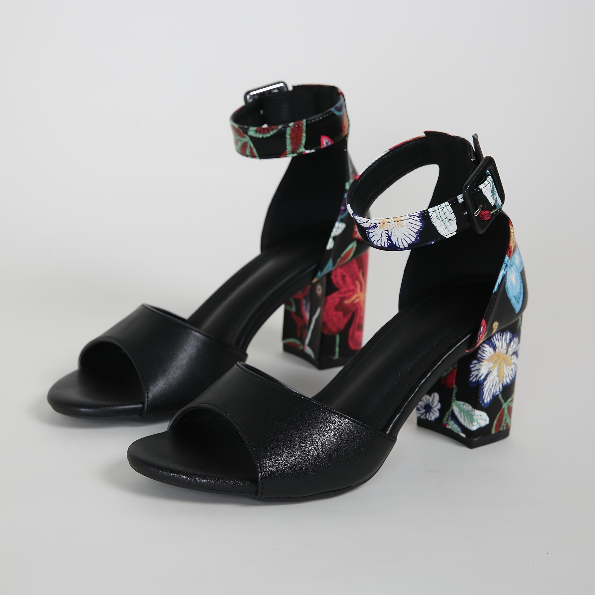 Women's Floral Embroidered Block Heel Pumps Peep Toe Ankle Strap Dress Shoes