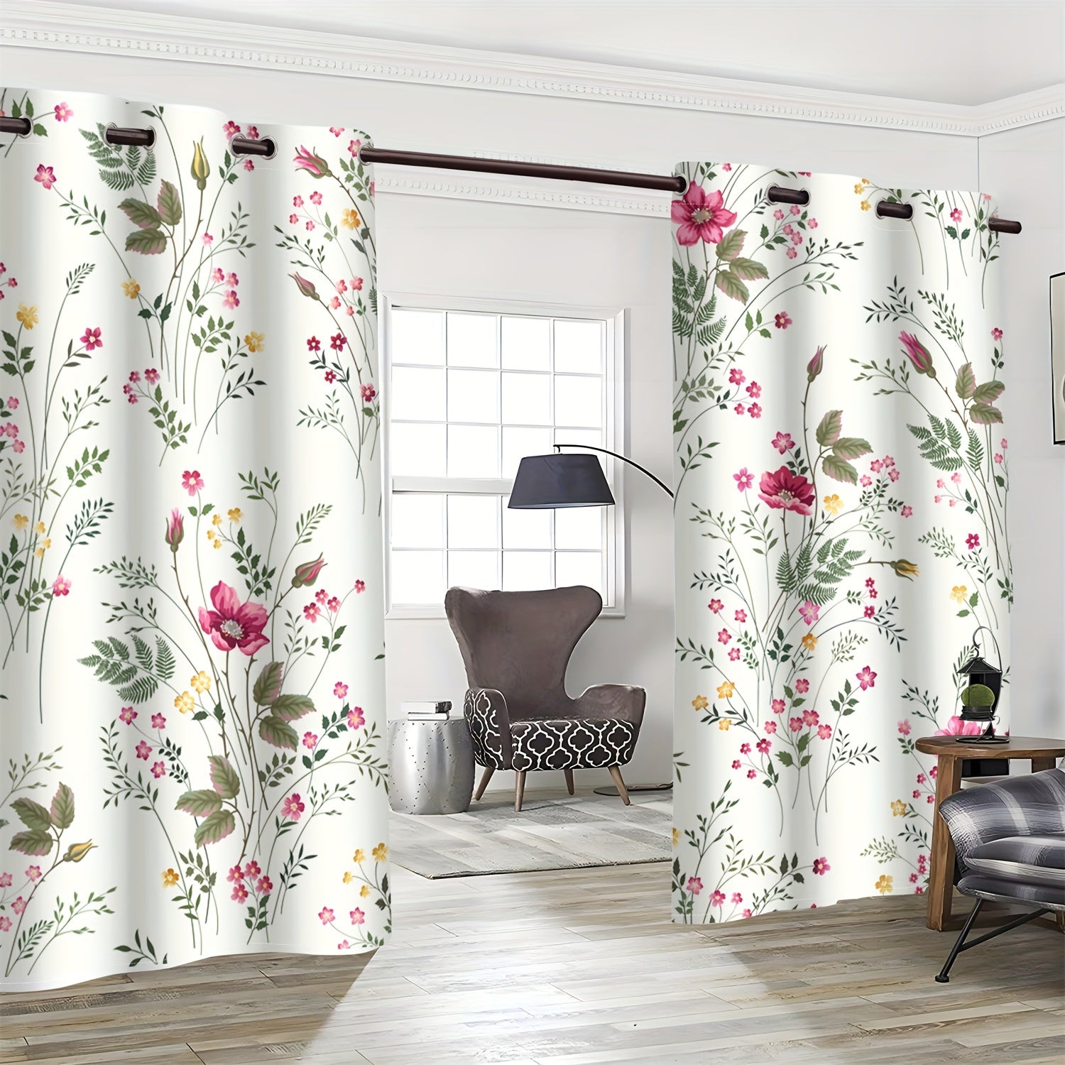 Floral and Green Plant Digital Print Curtains 2-Piece Set Fade-Resistant Machine Washable