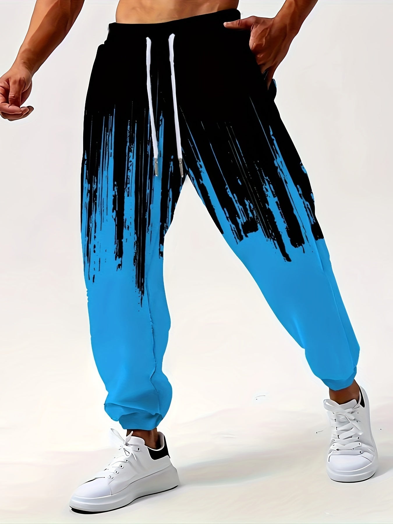 Мужские спортивные штаны с цветными блоками и принтом, полиэстер спандекс, свободный крой, шнурок, карманы, всесезонные, спортивные, повседневные