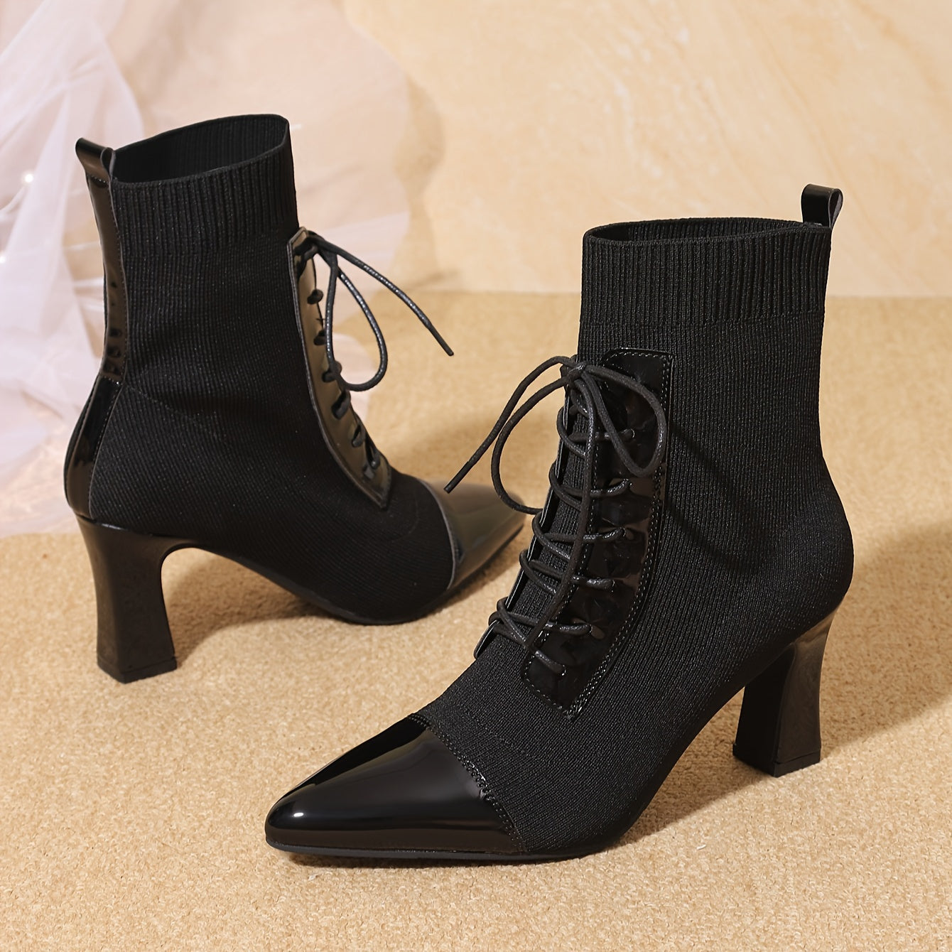 Women's Black Synthetic Leather High Heel Ankle Boots with Pointed Toe