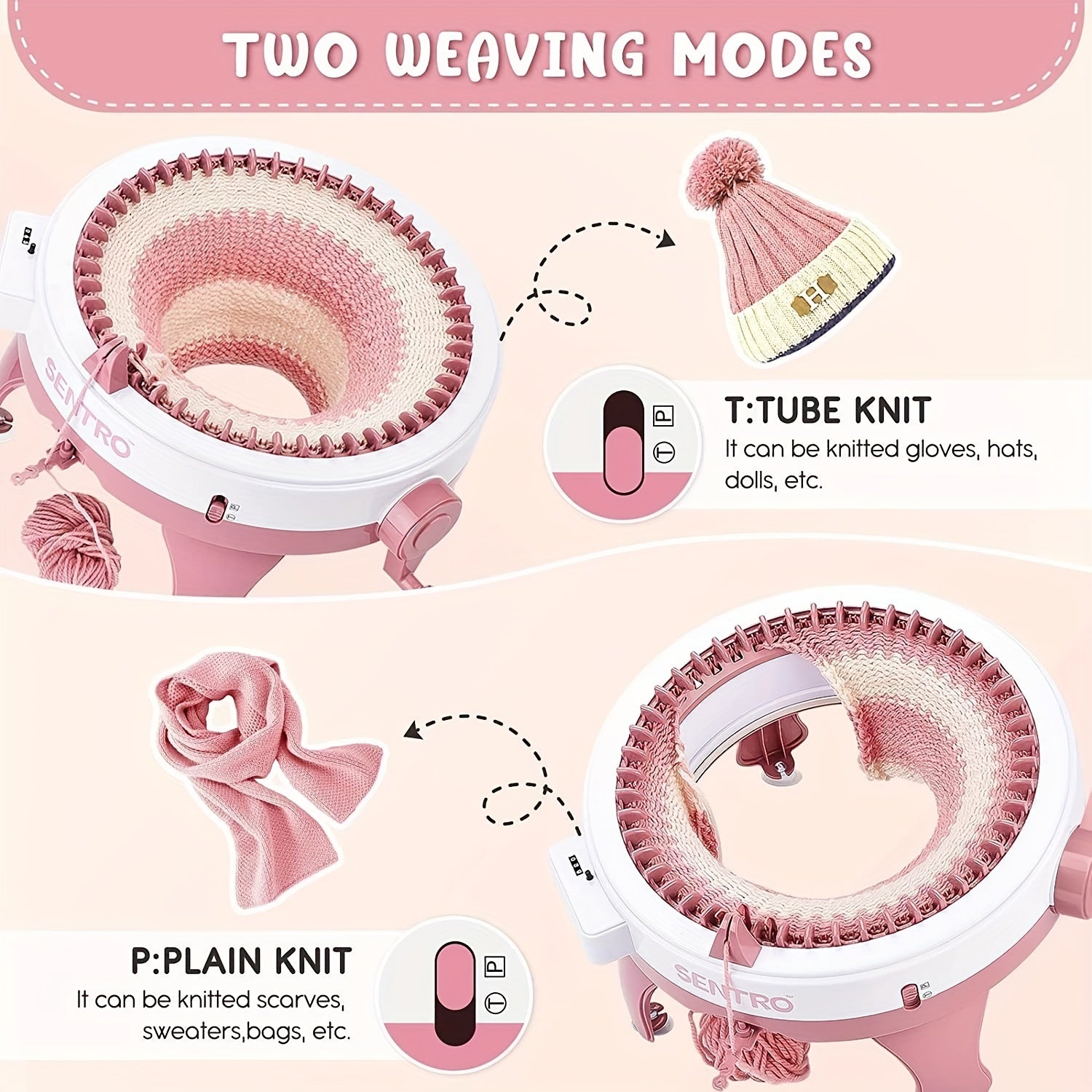 Yoshlar va boshlovchilar uchun 48 ignli to'qish mashinasi to'plami, turadigan joy bilan, pushti