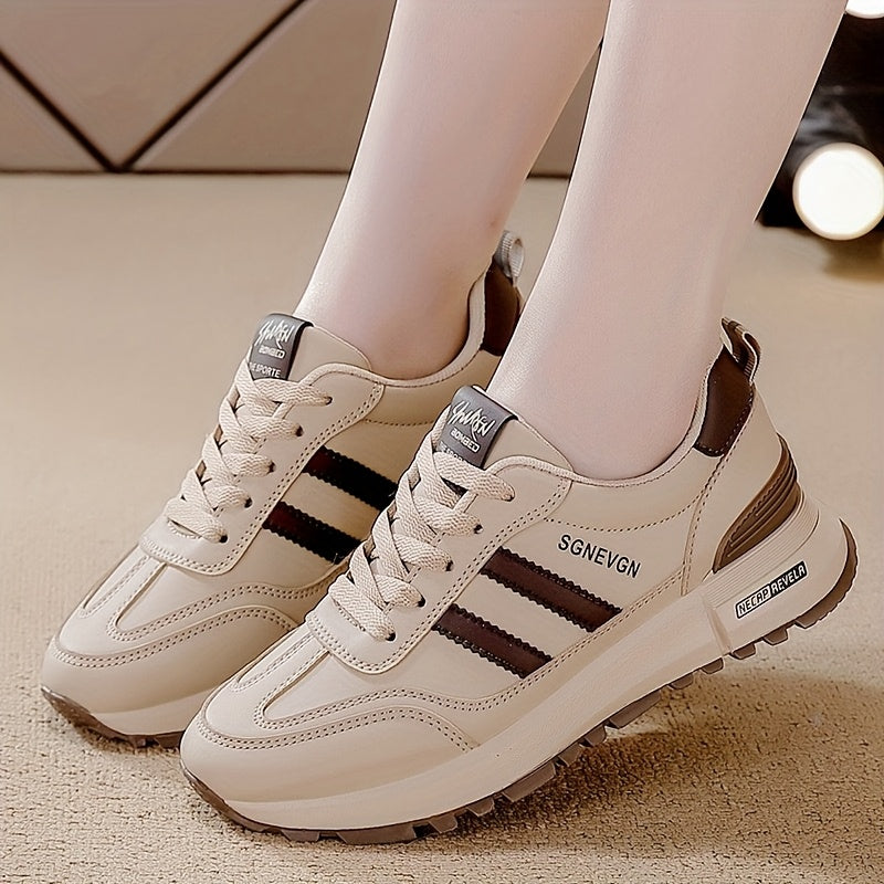 Women’s Low-Top Sneakers Beige Striped Anti-Slip Breathable All-Season Shoes