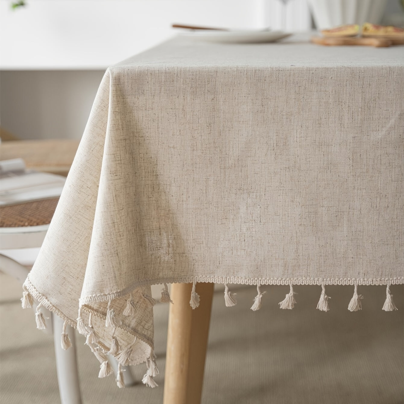 Beige Linen Farmhouse-Style Tablecloth with Fringed Edges for Holidays and Events