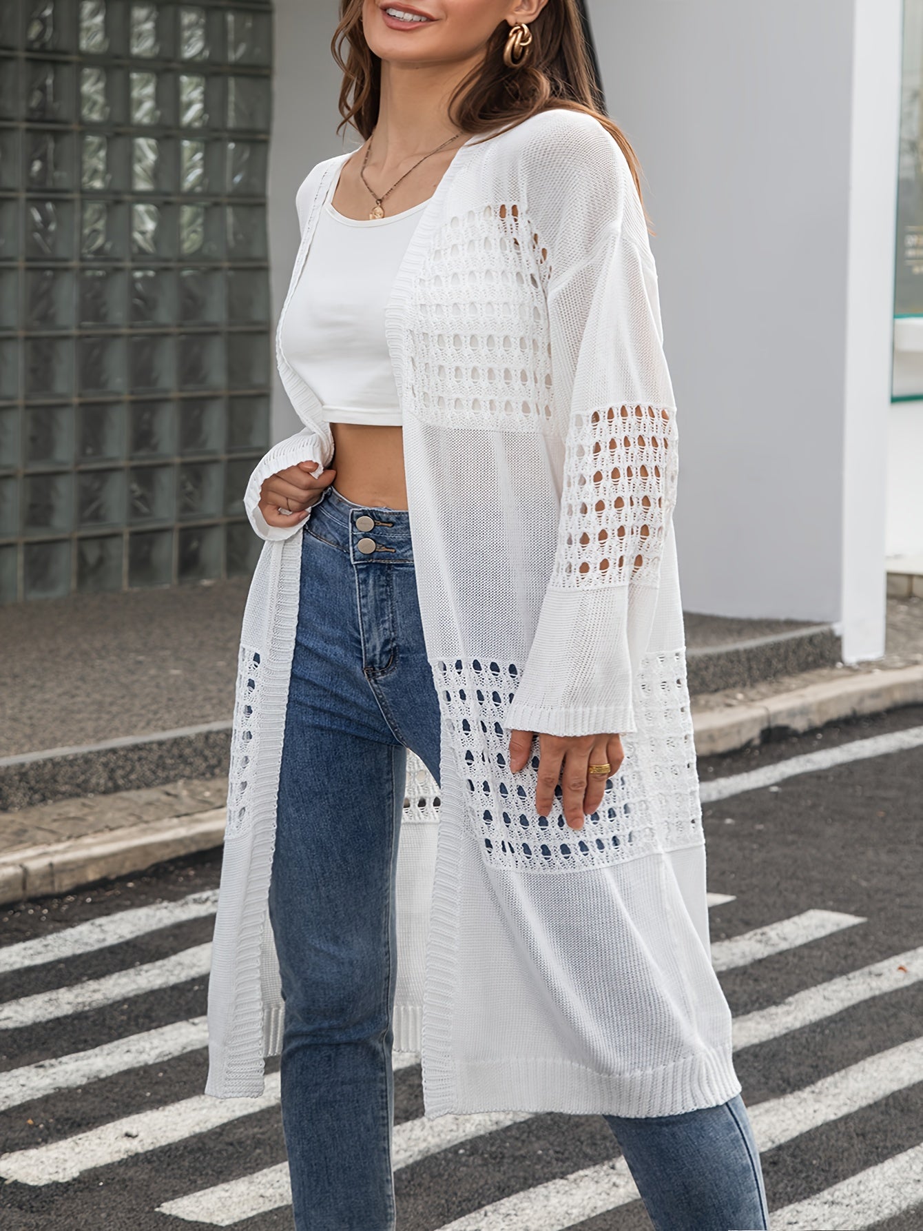 Cárdigan de punto para mujer talla grande con manga larga, abertura frontal y bordado, estilo flyaway