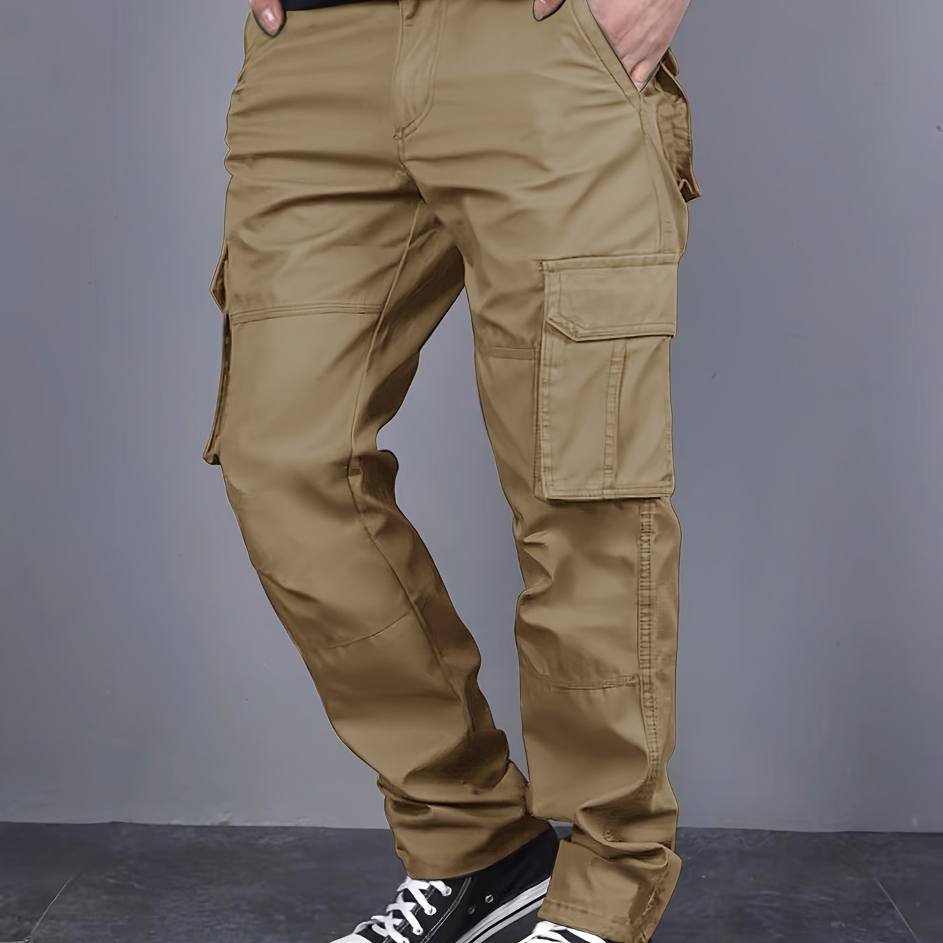 Men Solid Color Cargo Pants with Multiple Flap Pockets and Drawstring Waist for Outdoor Activities