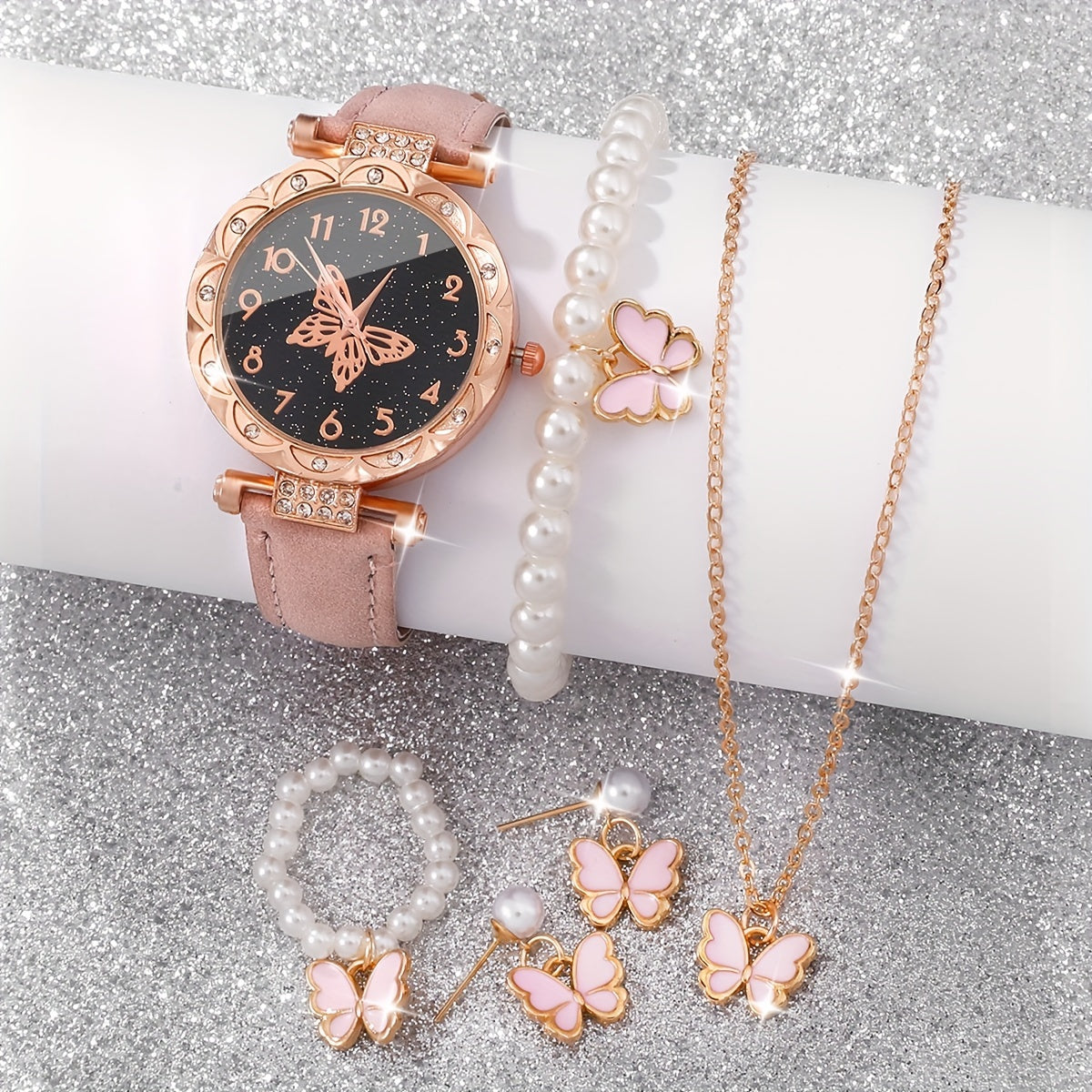 Set of 6 Women's Elegant Butterfly Rhinestone Quartz Watches with Leather Bands and Jewelry