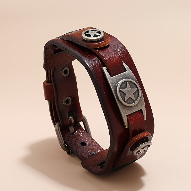Men's Punk Rock Leather Bracelet with Zinc Alloy Star Pendant Non-Magnetic Fashion Accessory