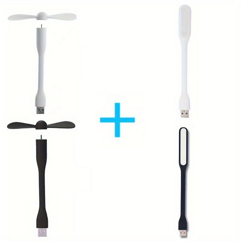 4pcs USB Fan and LED Light Combo Black White Adjustable Head Portable Desk Fan for Office Study Outdoor