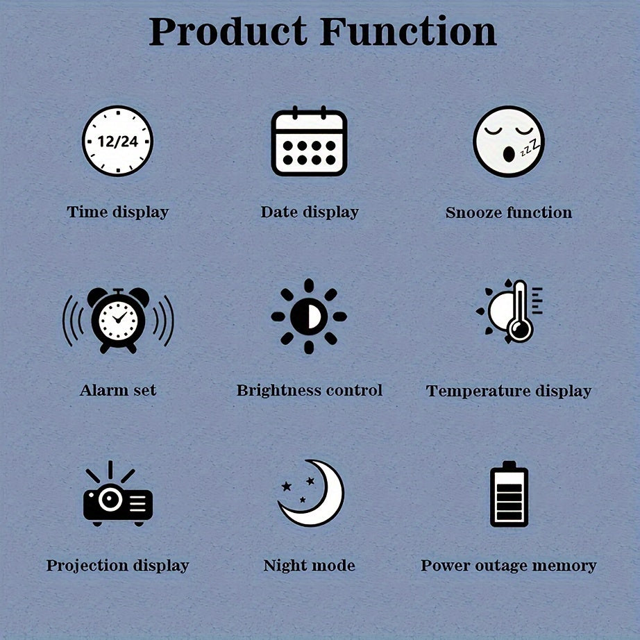 Dual Projection LED Alarm Clock with Mirror and Temperature Display USB Powered Modern Digital Clock