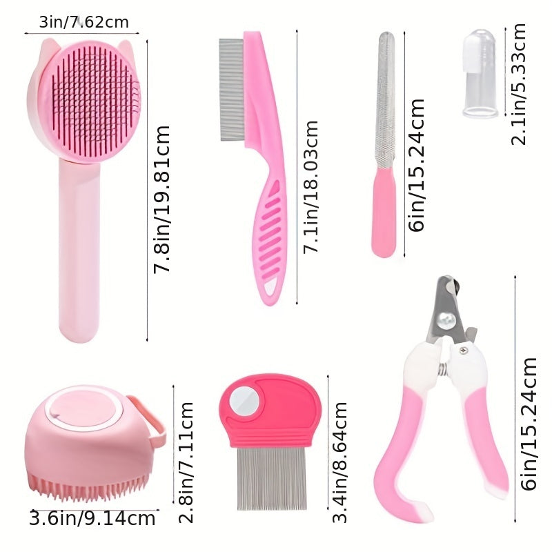 8-Piece Cat Grooming Kit with Self-Cleaning Brush Nail Clippers Comb Shedding Brush and Toothbrush