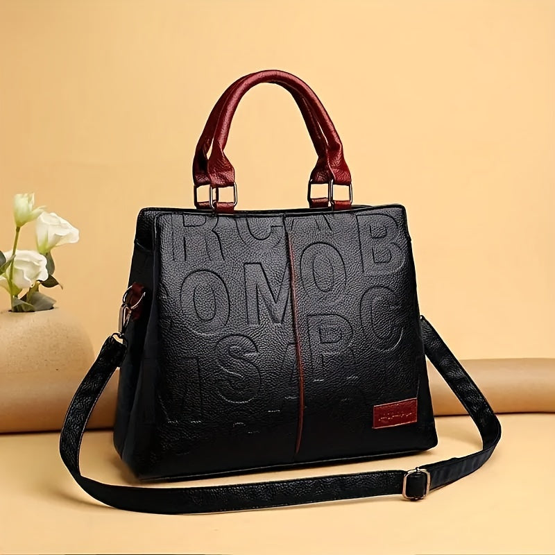 Women's Casual Tote Bag with Embossed String Pattern Red and Dark Brown PU Zip Closure