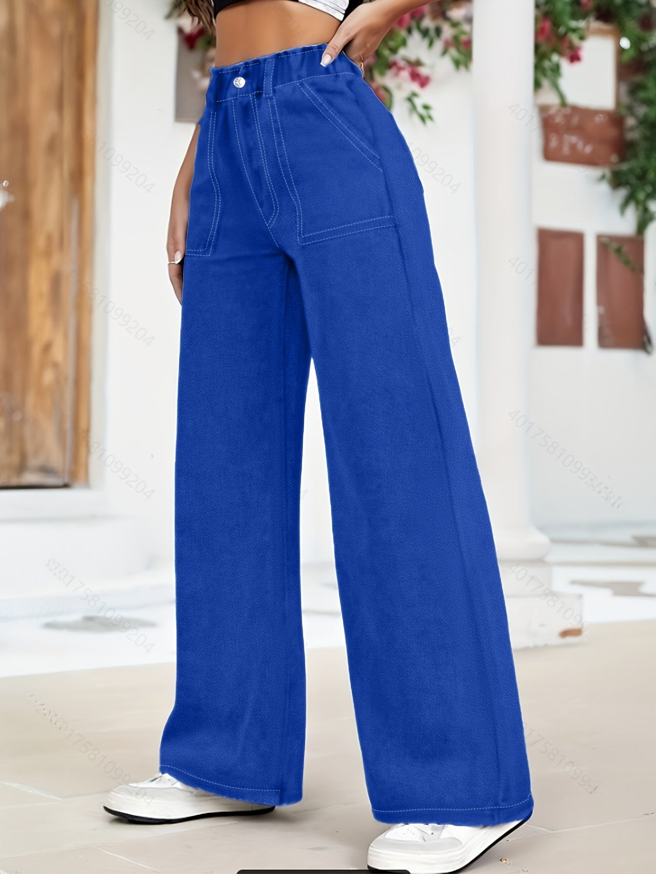 Women's Wide Leg Cargo Pants Denim Blue Washed Elastic Waist All-Season