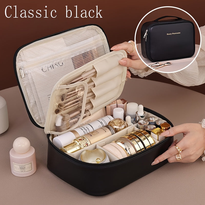 Large Capacity Detachable Makeup Bag Travel Cosmetic Organizer with Brush Holder for Men and Women