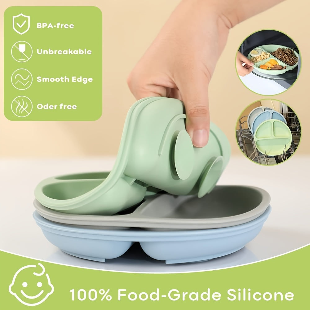 Kids Silicone Suction Plates with Spoon BPA-Free Non-Slip Divided Microwave Dishwasher Safe