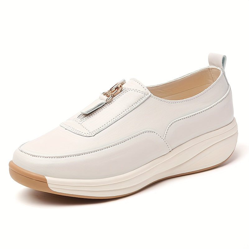 Women’s Zipper Sneakers White Brown Two-Tone Casual Shoes