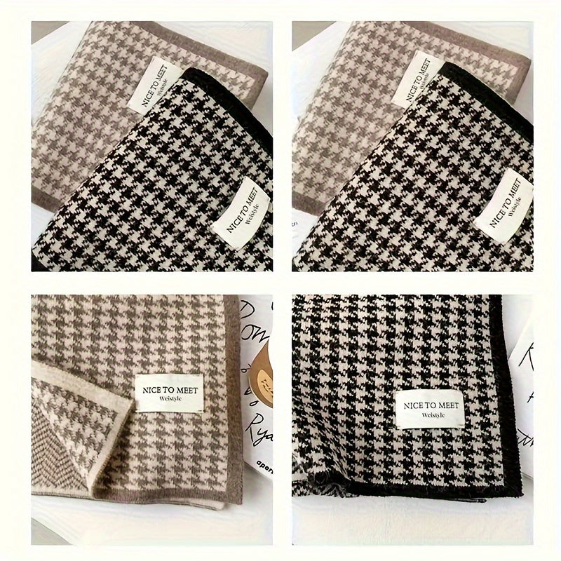 Black and White Houndstooth Scarf Thick Cozy Winter Fleece Wrap