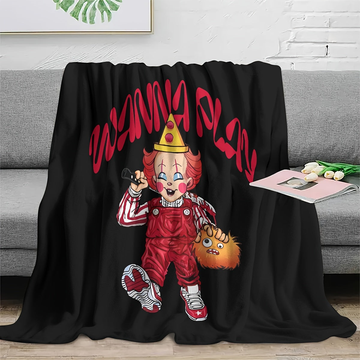 Modern Clown Design Flannel Throw Blanket Soft Cozy Geometric Pattern Machine Washable