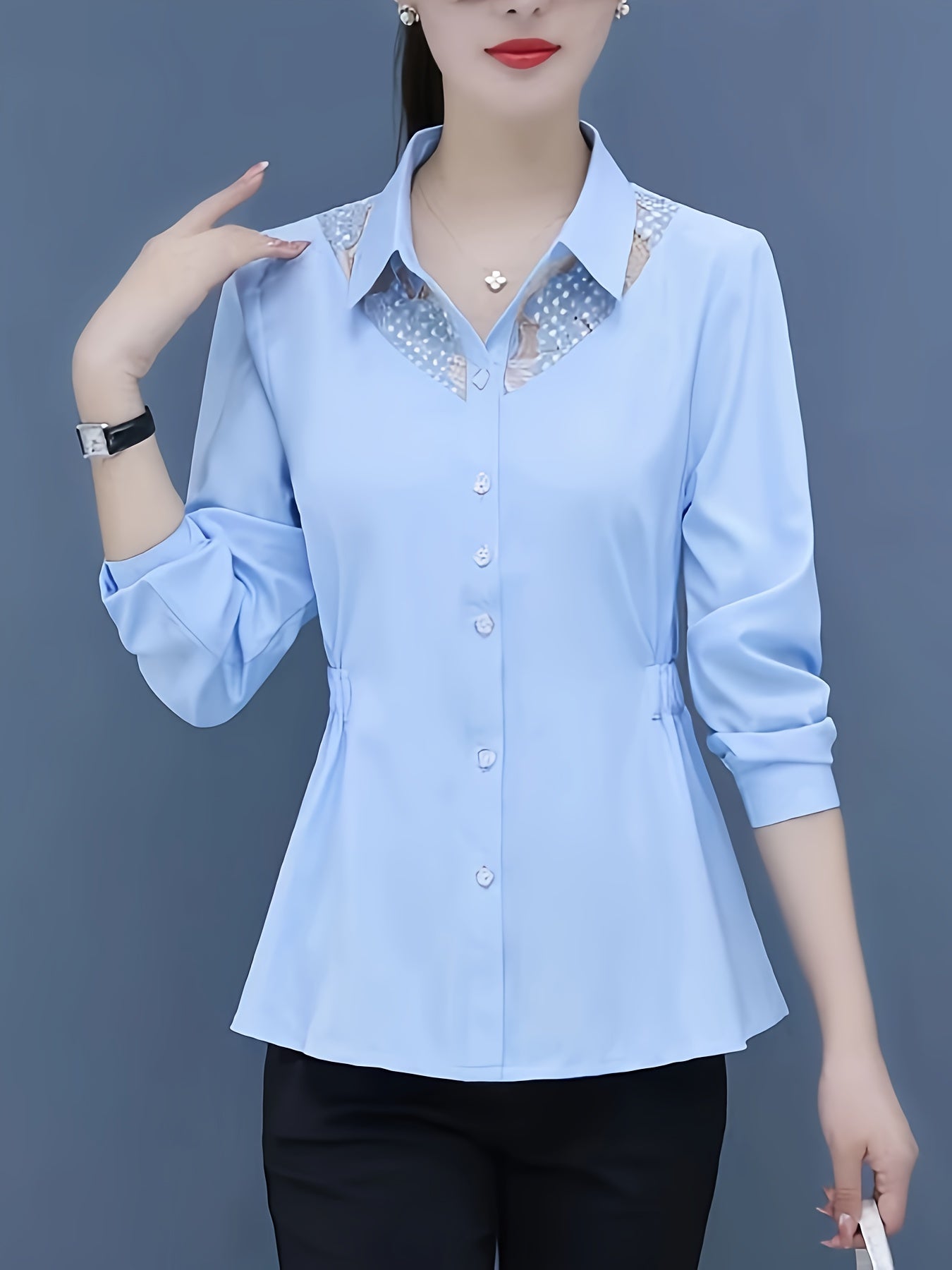 Elegant Slim Fit Lace Stitching Button Front Shirt for Office and Work