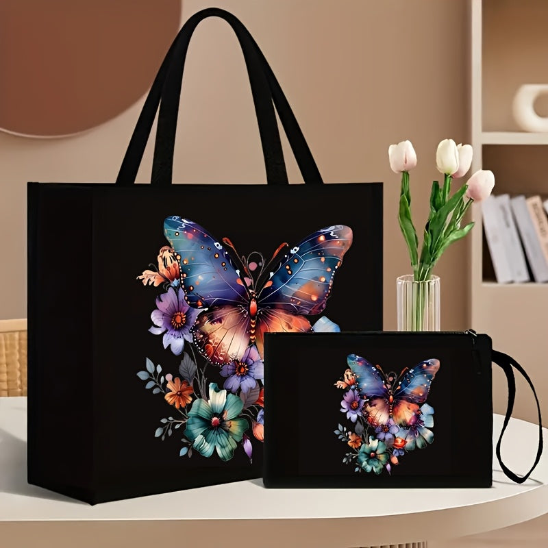 2-Piece Canvas Tote Bag and Wallet Set with Butterfly Floral Print Black