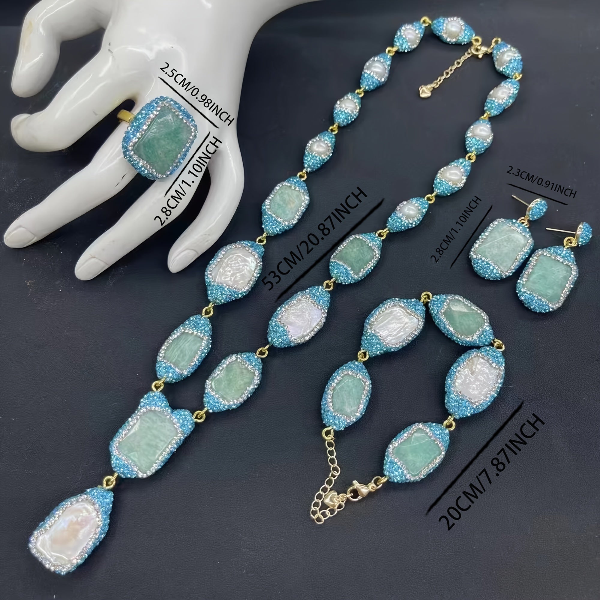Conjunto de joyería bohemia con piedra natural y perla barroca en cobre chapado en oro de 14 quilates