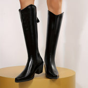 Women's Black Western Style Mid-Calf Boots with Zipper and Chunky Heel