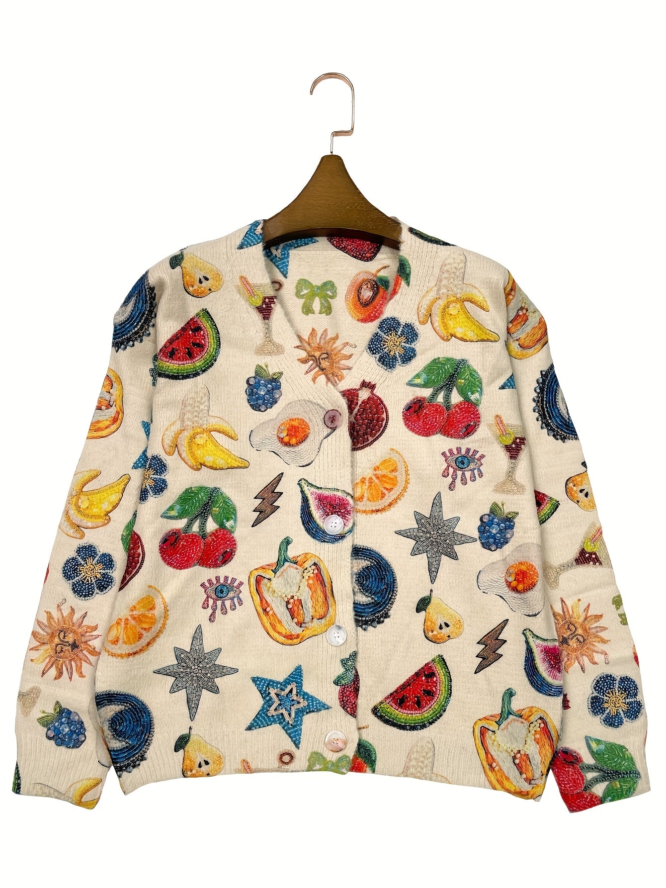 Plus Size Womens Fruit Print V-Neck Cardigan Long Sleeve Sweater Fall Winter Beige