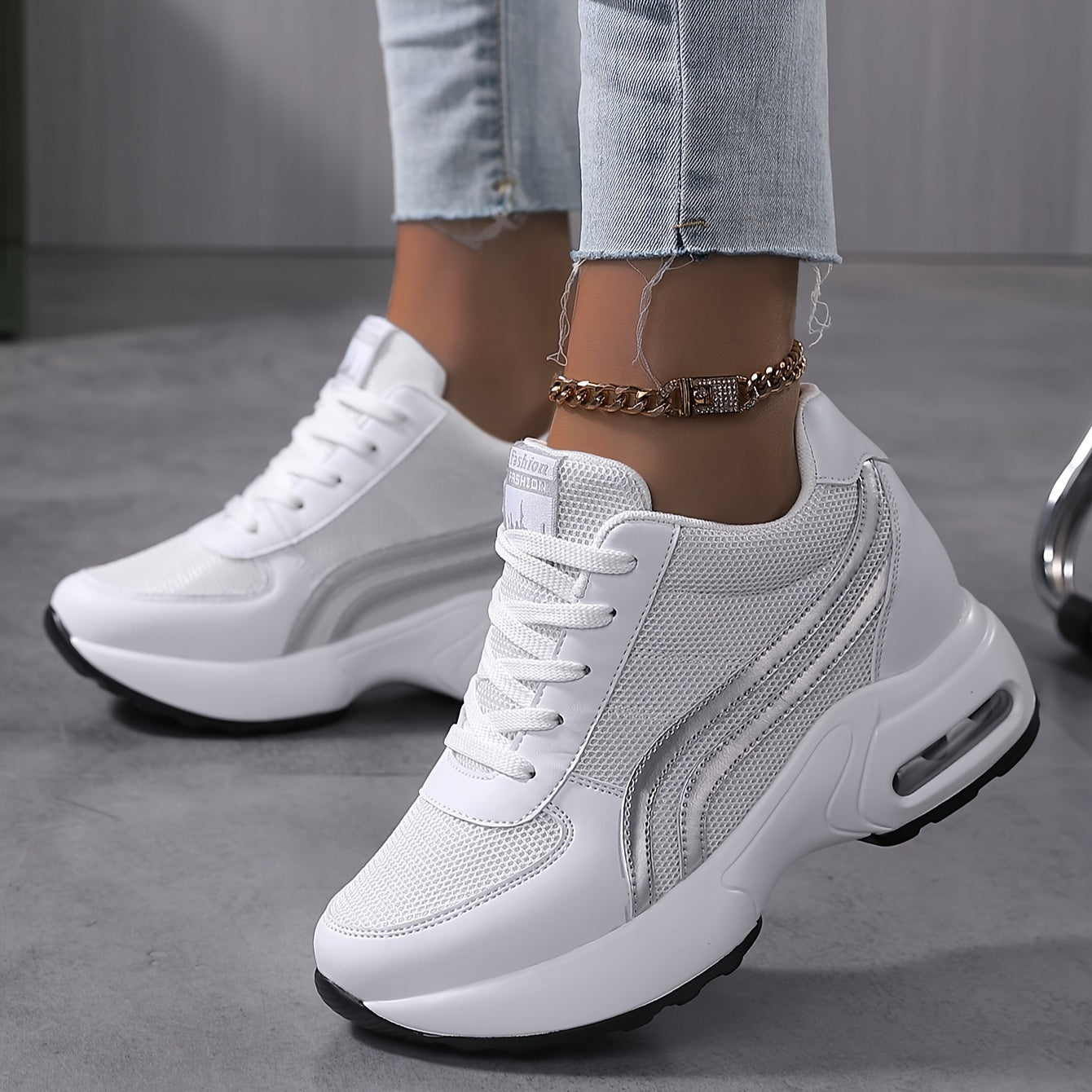 Women'S Mesh Casual Sneakers with Cushioned Air Sole, White, Low-Top, Comfortable Walking Shoes