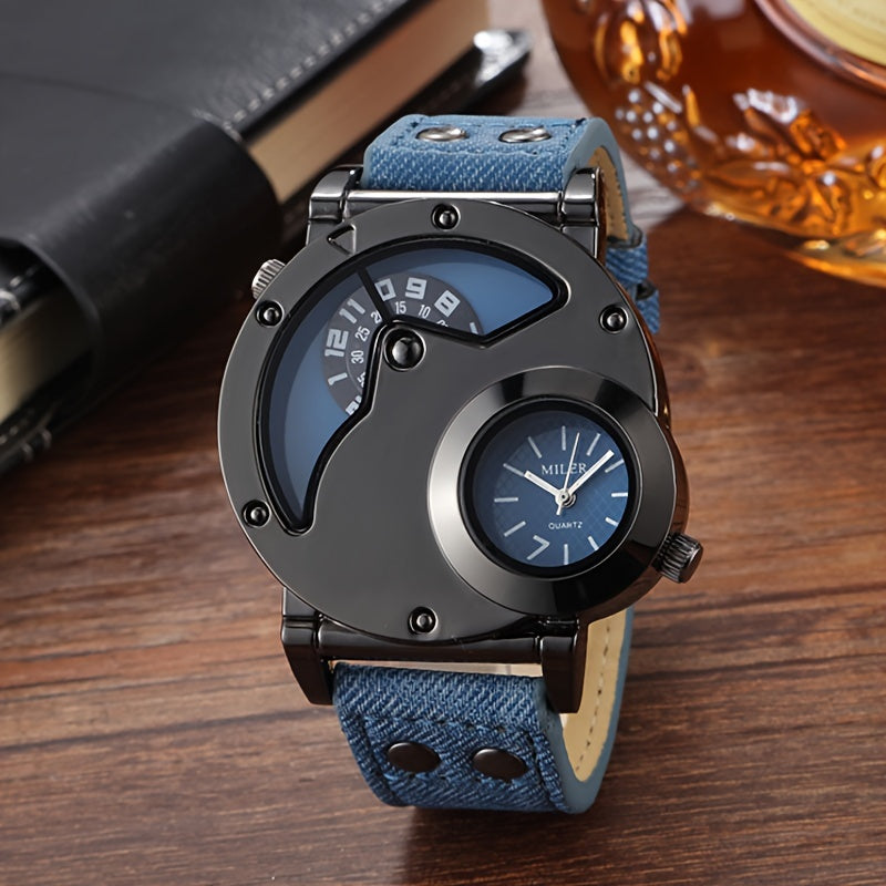 Men's Vintage Dual-Time Watch Denim Strap Alloy Case Quartz Large Dial Not Waterproof