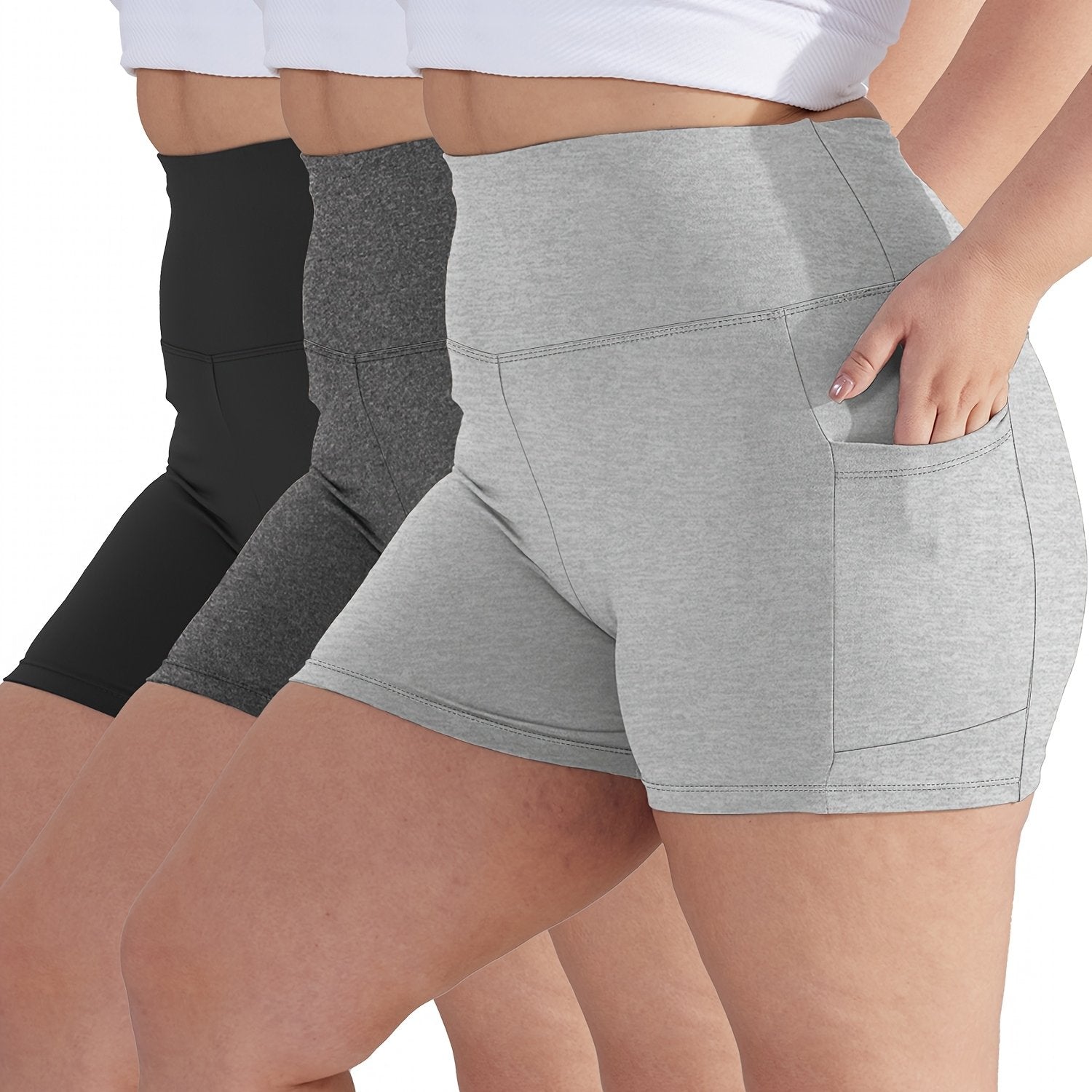 Women's High-Waist Stretchy Shorts with Pockets 3-Pack Black Gray Dark Purple