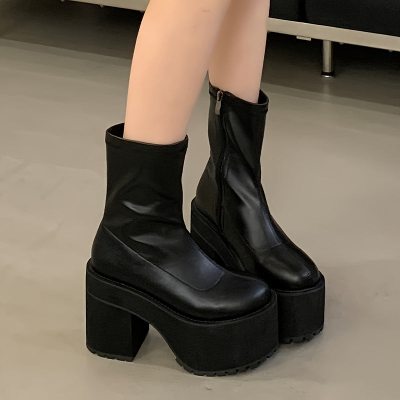 Women's Black Leather Thick Heel Platform Round Toe Boots for Autumn Winter